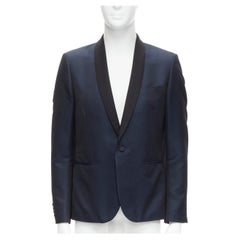 SAINT LAURENT - Blazer à châle en satin texturé métallique bleu marine EU50 L