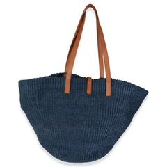 Saint Laurent Navy Raffia Calfskin Medium Panier Tote