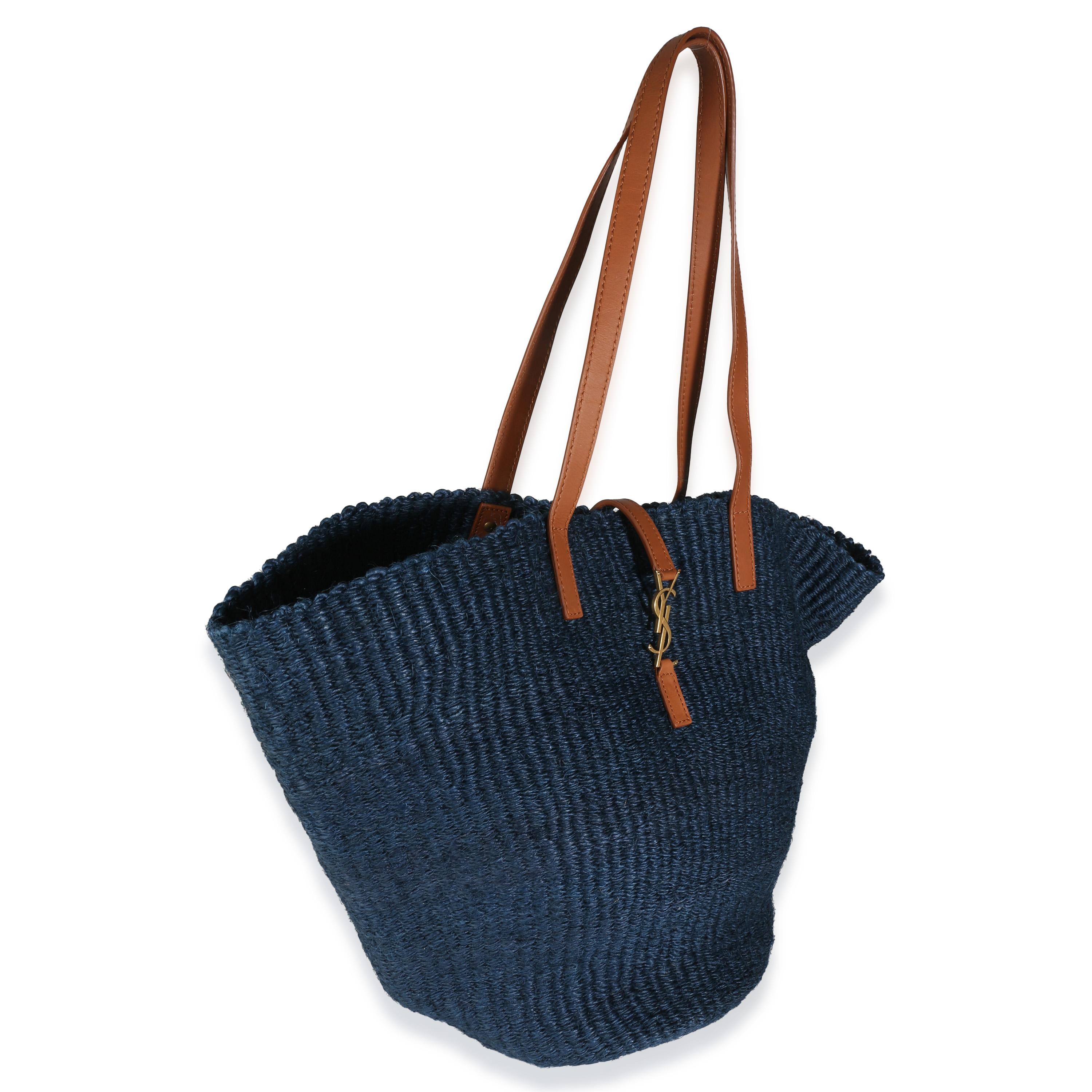Black Saint Laurent Navy Raffia Calfskin Medium Panier Tote