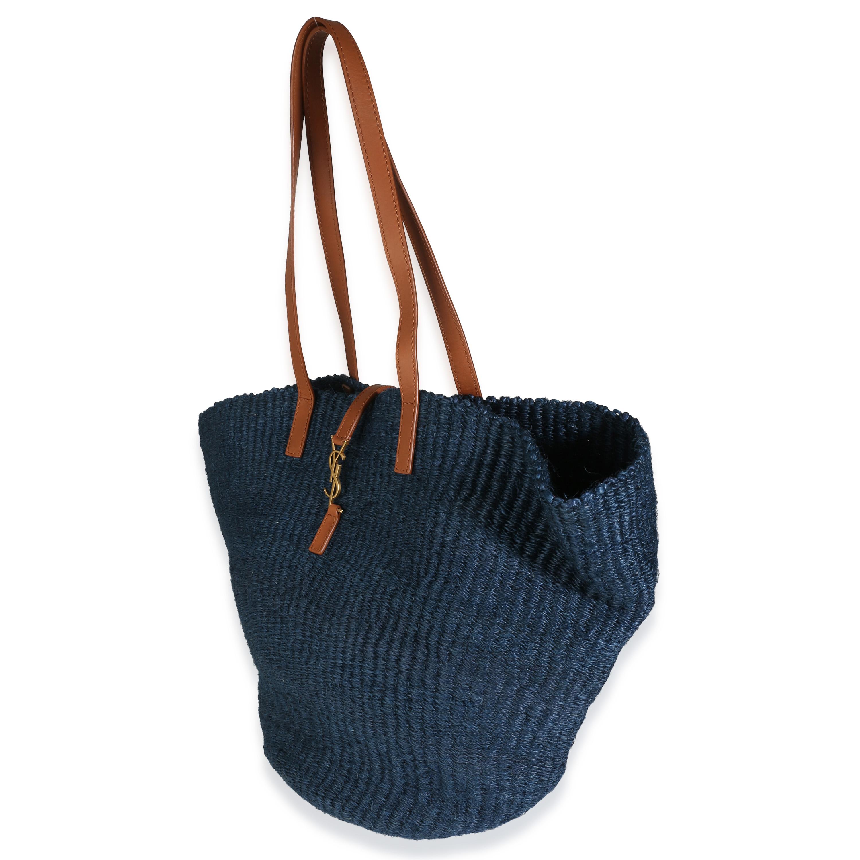Saint Laurent Navy Raffia Calfskin Medium Panier Tote In Excellent Condition In New York, NY