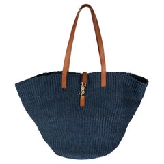 Saint Laurent Navy Raffia Calfskin Medium Panier Tote