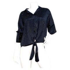Saint Laurent Navy Silk Button-Up Blouse With Silver Studs