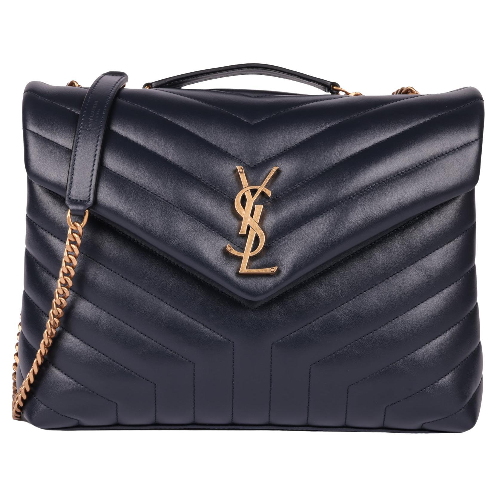 SAINT LAURENT Navy Y Quilted Calfskin Leather Medium Loulou
