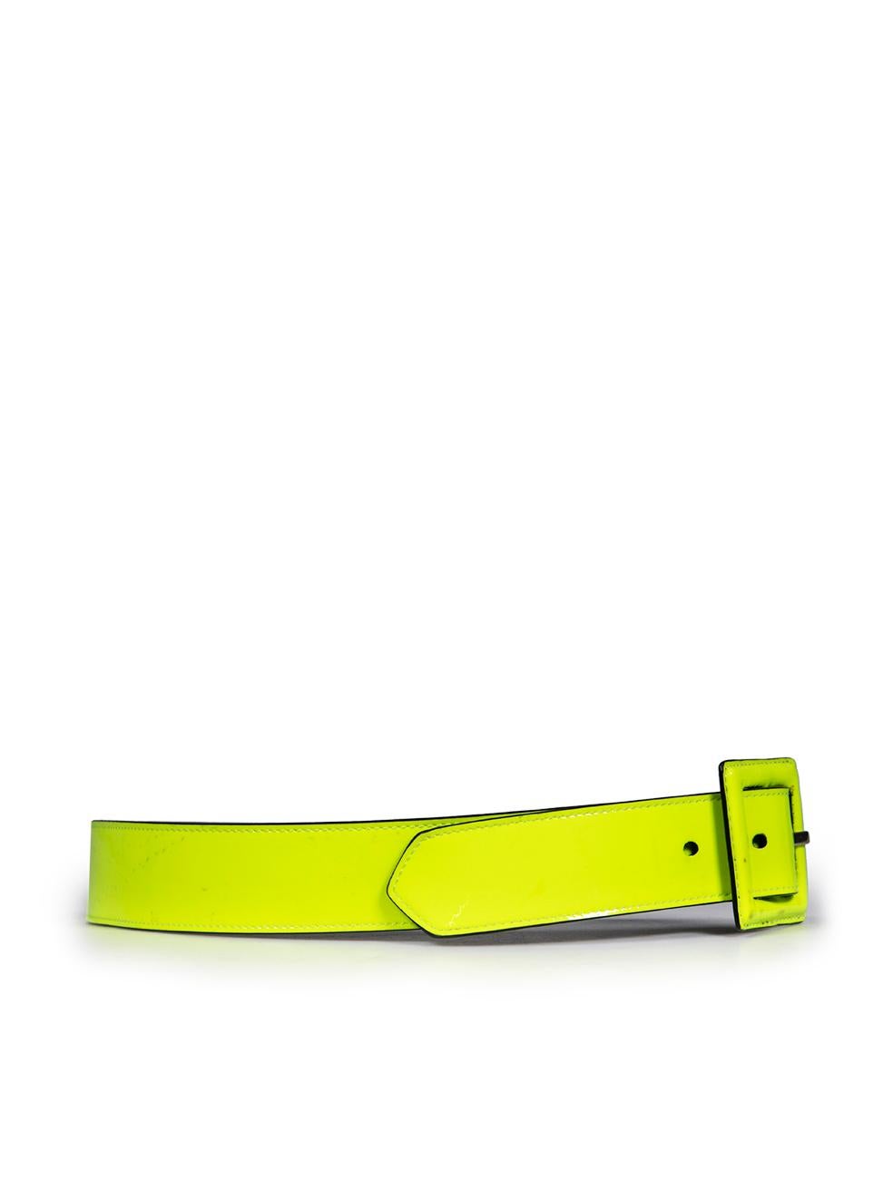 CONDITION is Very good. Minimal wear to the belt is evident. Marks across the belt and buckle on this used Saint Laurent designer resale item.
  
  Details
  
  
  Lime green 
  
  Patent leather
  
  Belt 
  
  Buckle detail 
  
  
  
  
  
  Made