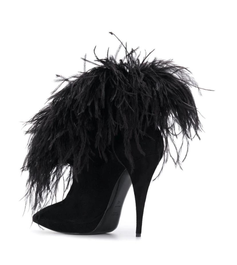 Women's Saint Laurent NEW Black Suede Feather Evening Boots Booties in Box For Sale