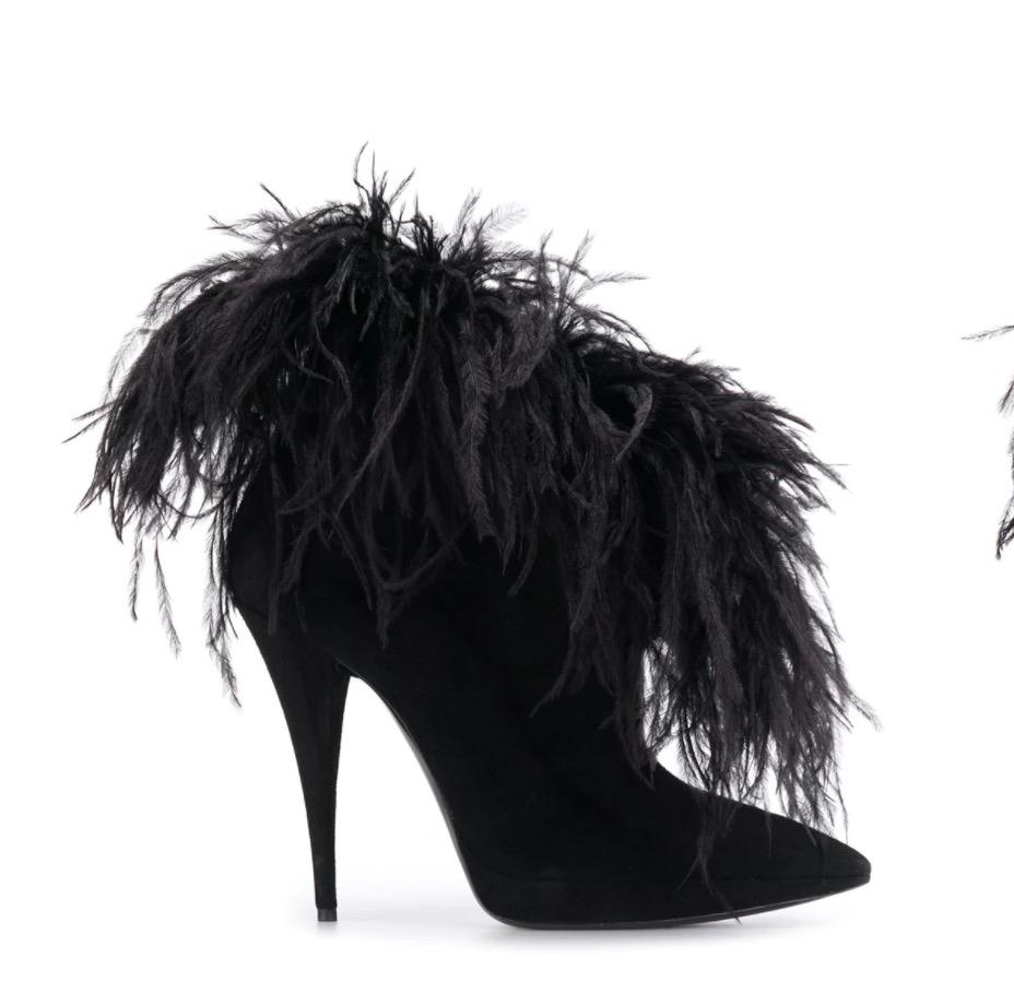 Saint Laurent NEW Black Suede Feather Evening Boots Booties in Box For Sale 1