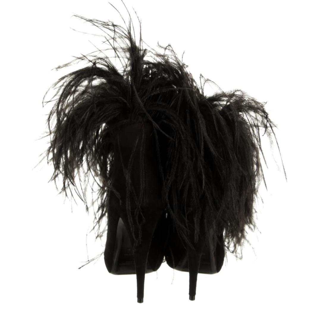 Saint Laurent NEW Black Suede Feather Evening Boots Booties in Box For Sale 2