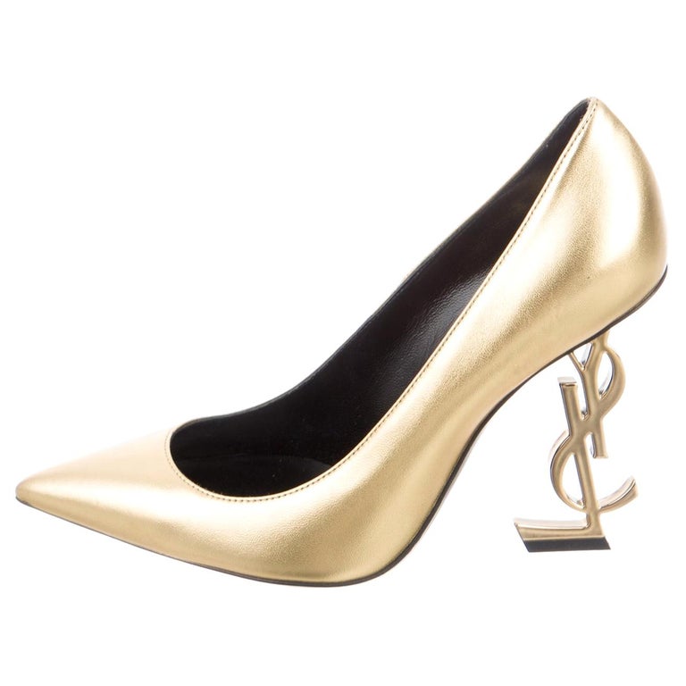Saint Laurent NEW Gold Leather YSL Logo Evening Sandals Heels Pumps at