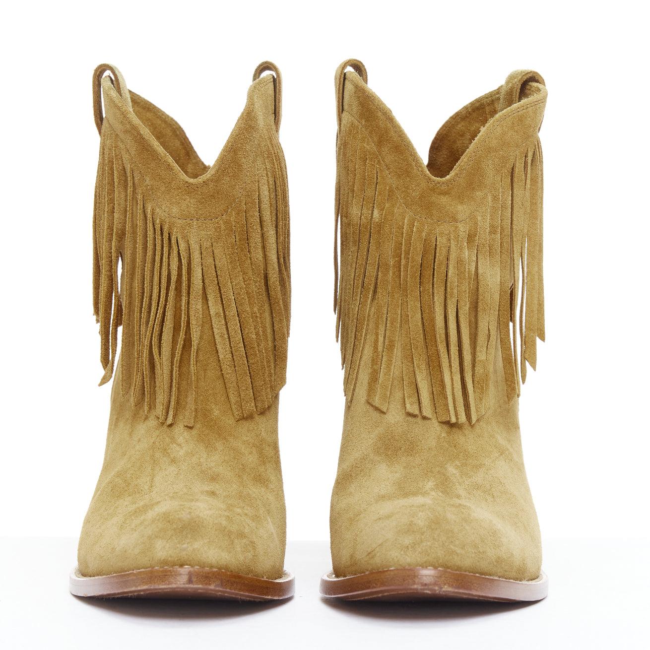 Brown SAINT LAURENT New Western 80 brown suede fringe western boots EU39.5 For Sale