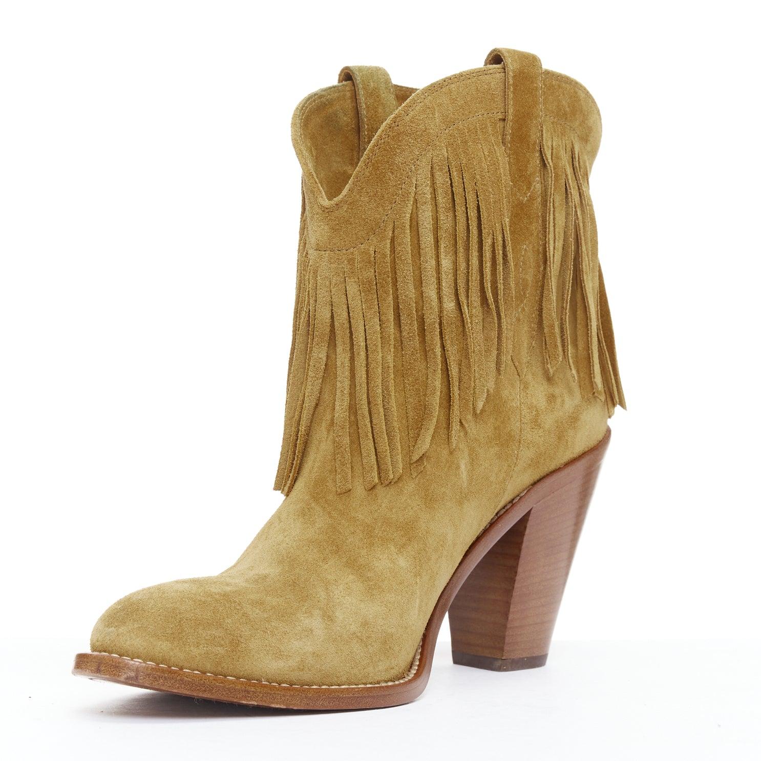 Women's SAINT LAURENT New Western 80 brown suede fringe western boots EU39.5 For Sale