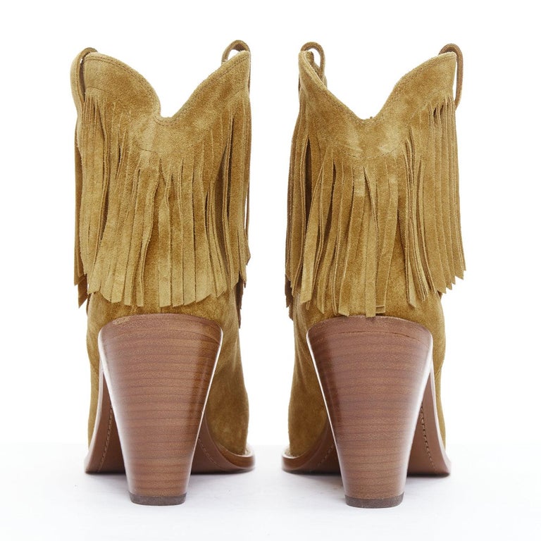 SAINT LAURENT New Western 80 brown suede fringe western boots EU39