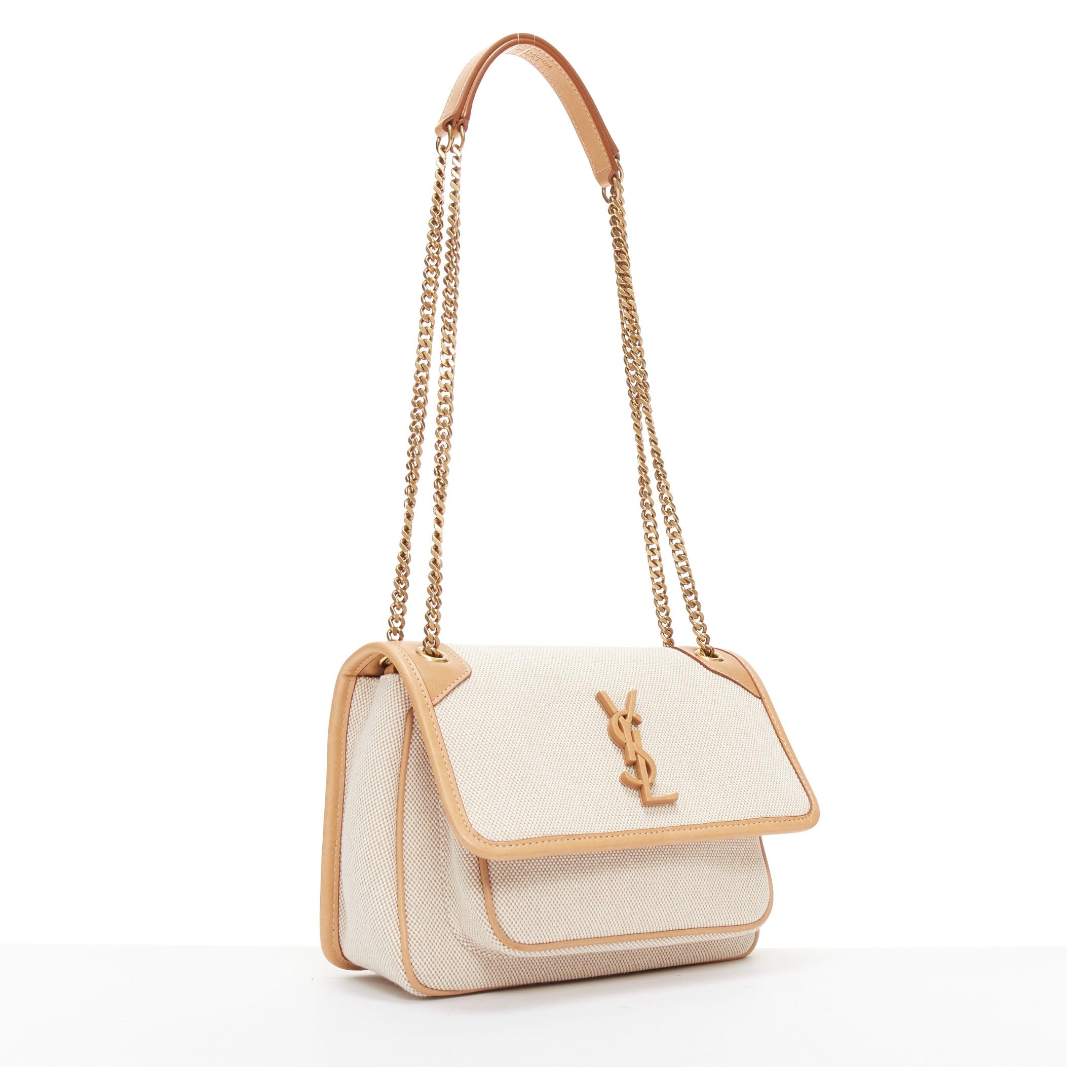 Beige SAINT LAURENT Niki beige canvas brown leather trim logo flap crossbody chain bag For Sale