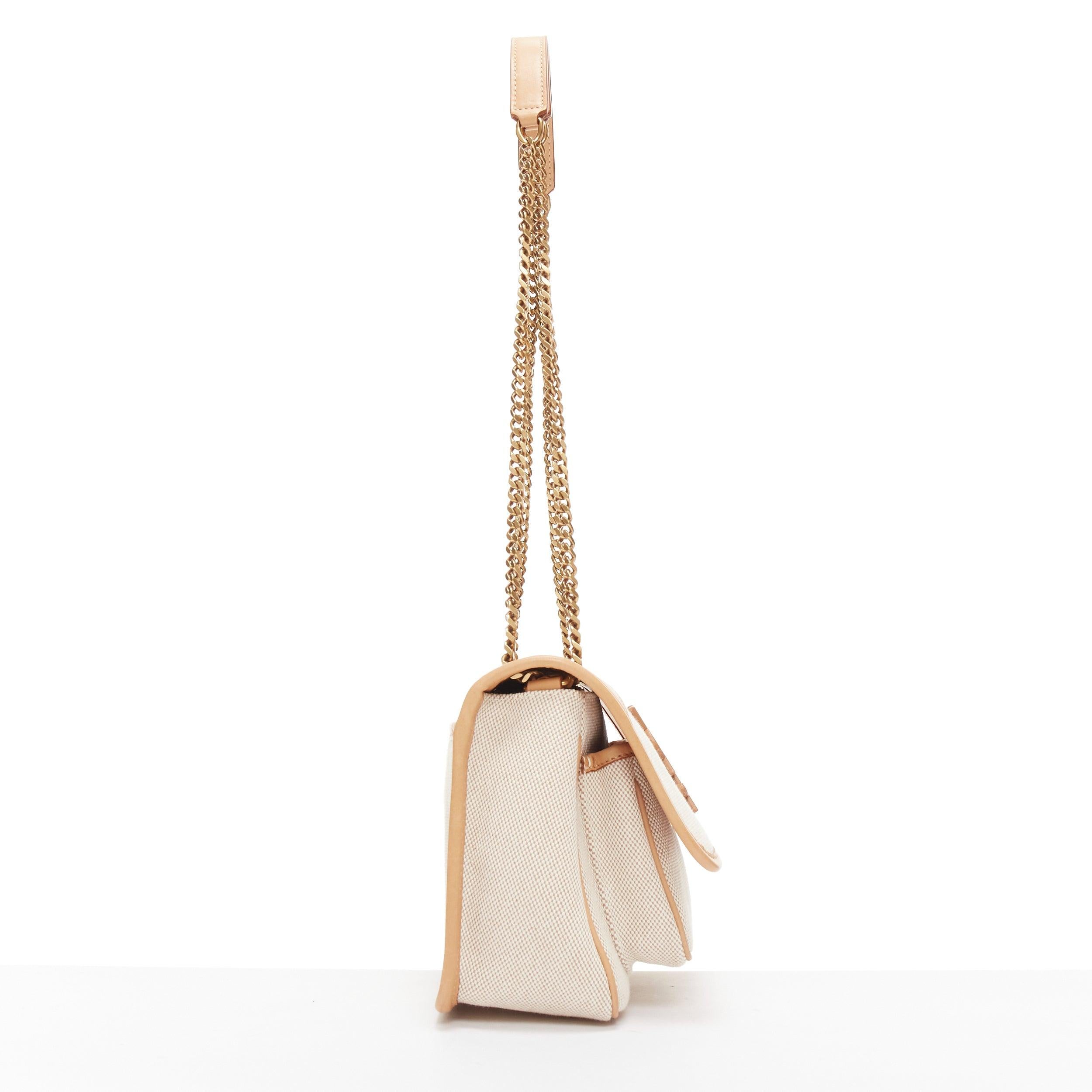 Women's SAINT LAURENT Niki beige canvas brown leather trim logo flap crossbody chain bag For Sale