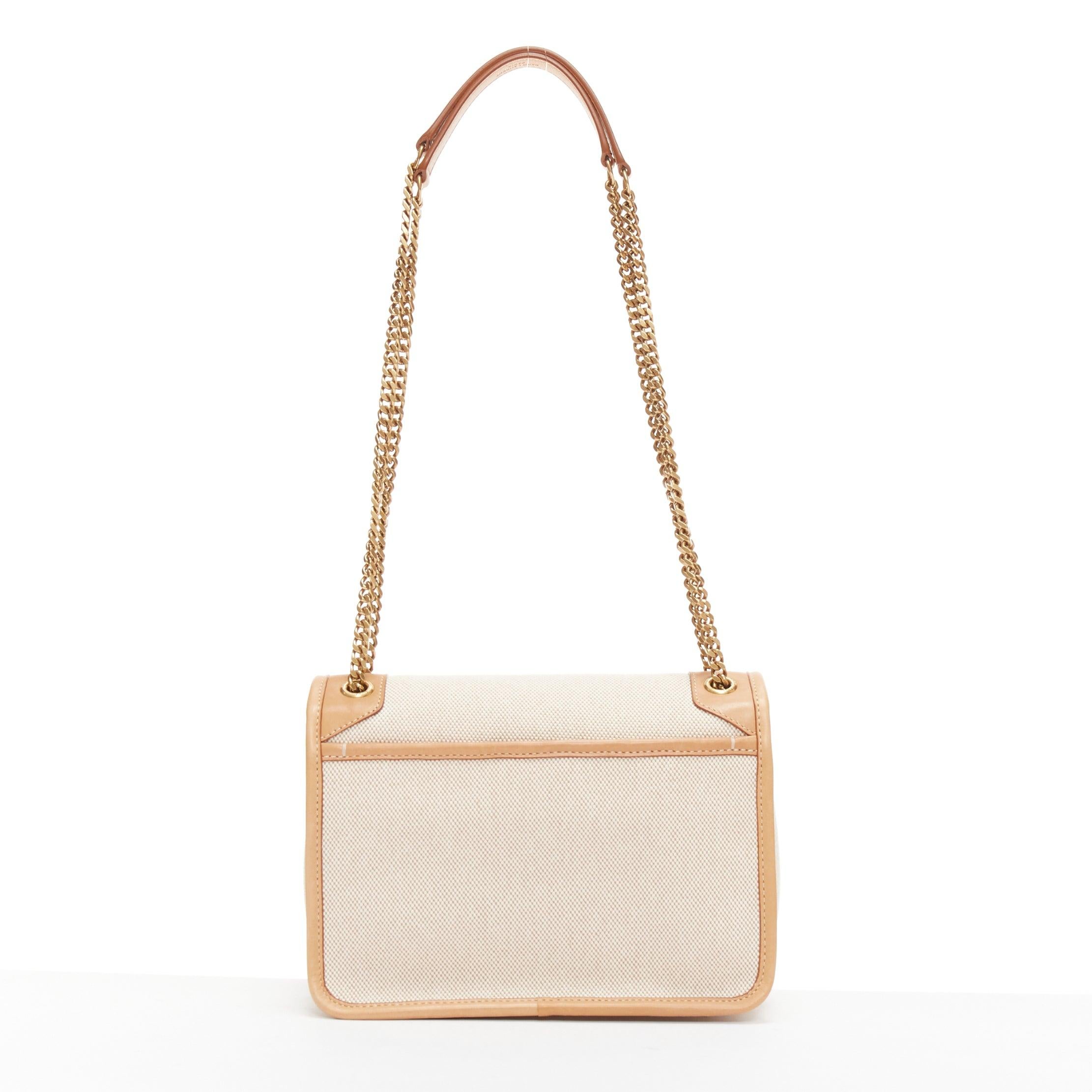 SAINT LAURENT Niki beige canvas brown leather trim logo flap crossbody chain bag For Sale 1