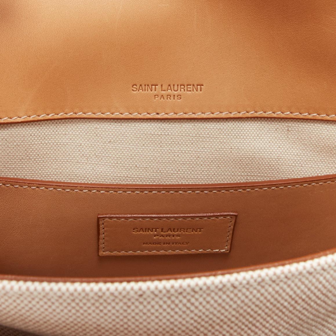 SAINT LAURENT Niki beige canvas brown leather trim logo flap crossbody chain bag For Sale 4