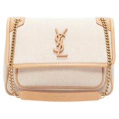 SAINT LAURENT Niki beige canvas brown leather trim logo flap crossbody chain bag