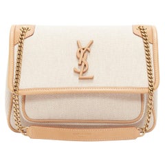 SAINT LAURENT Niki beige Canvas braun Lederbesatz Logo Klappe Crossbody Kettentasche