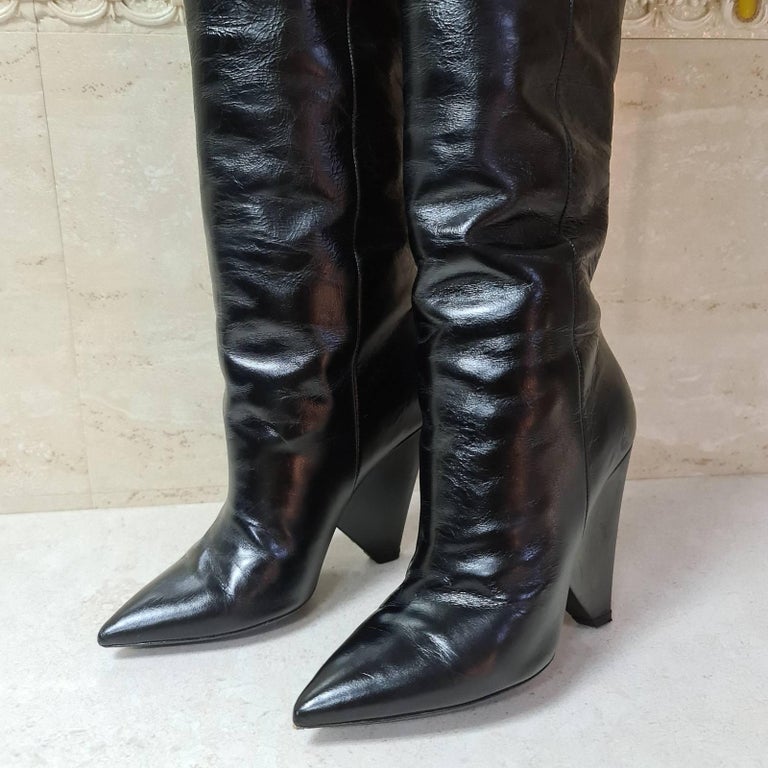 SAINT LAURENT Niki Black Leather Knee Boots For Sale at 1stDibs