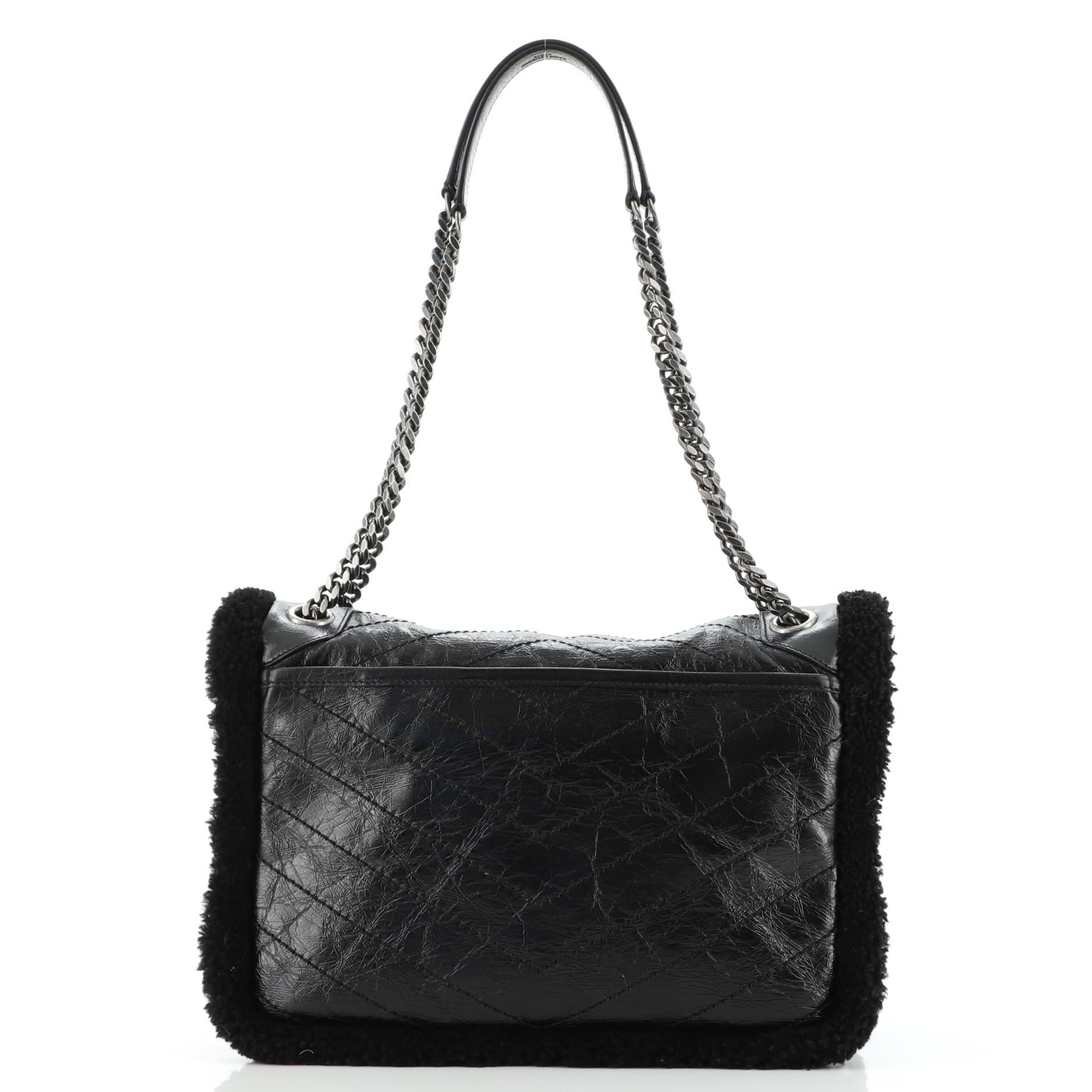 Saint Laurent Niki Chain Flap Bag Matelasse Chevron Leather and Shearling Medium In Good Condition In NY, NY