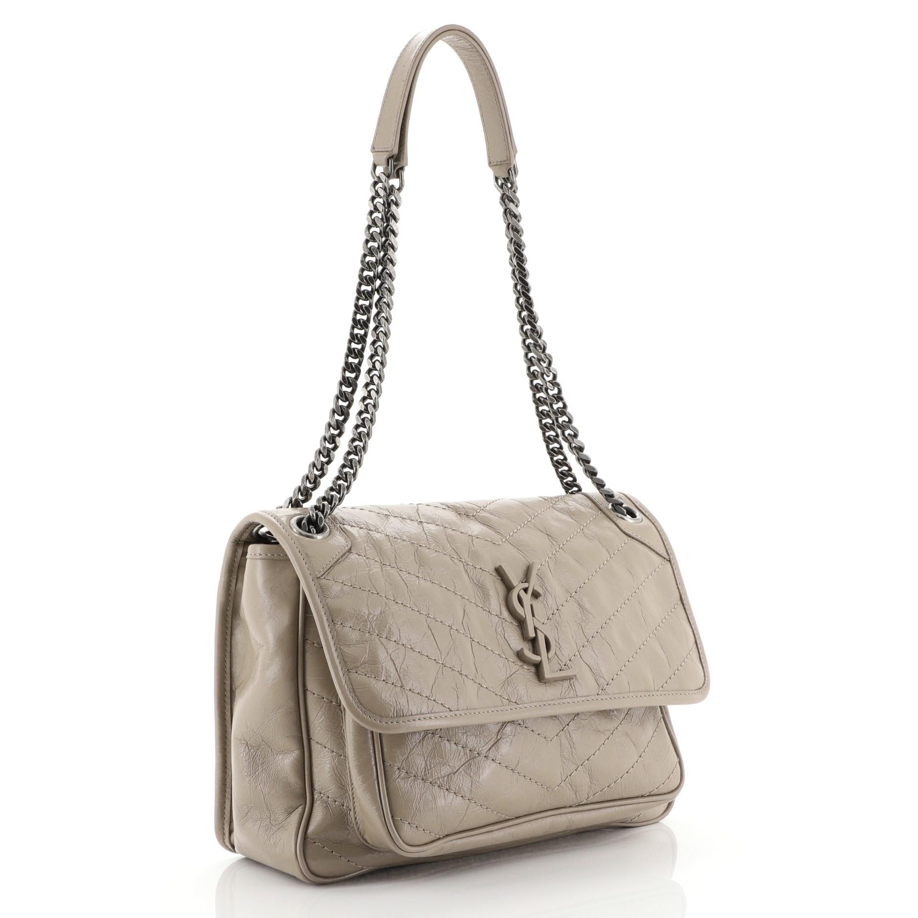 Brown Saint Laurent Niki Chain Flap Bag Matelasse Chevron Leather Medium