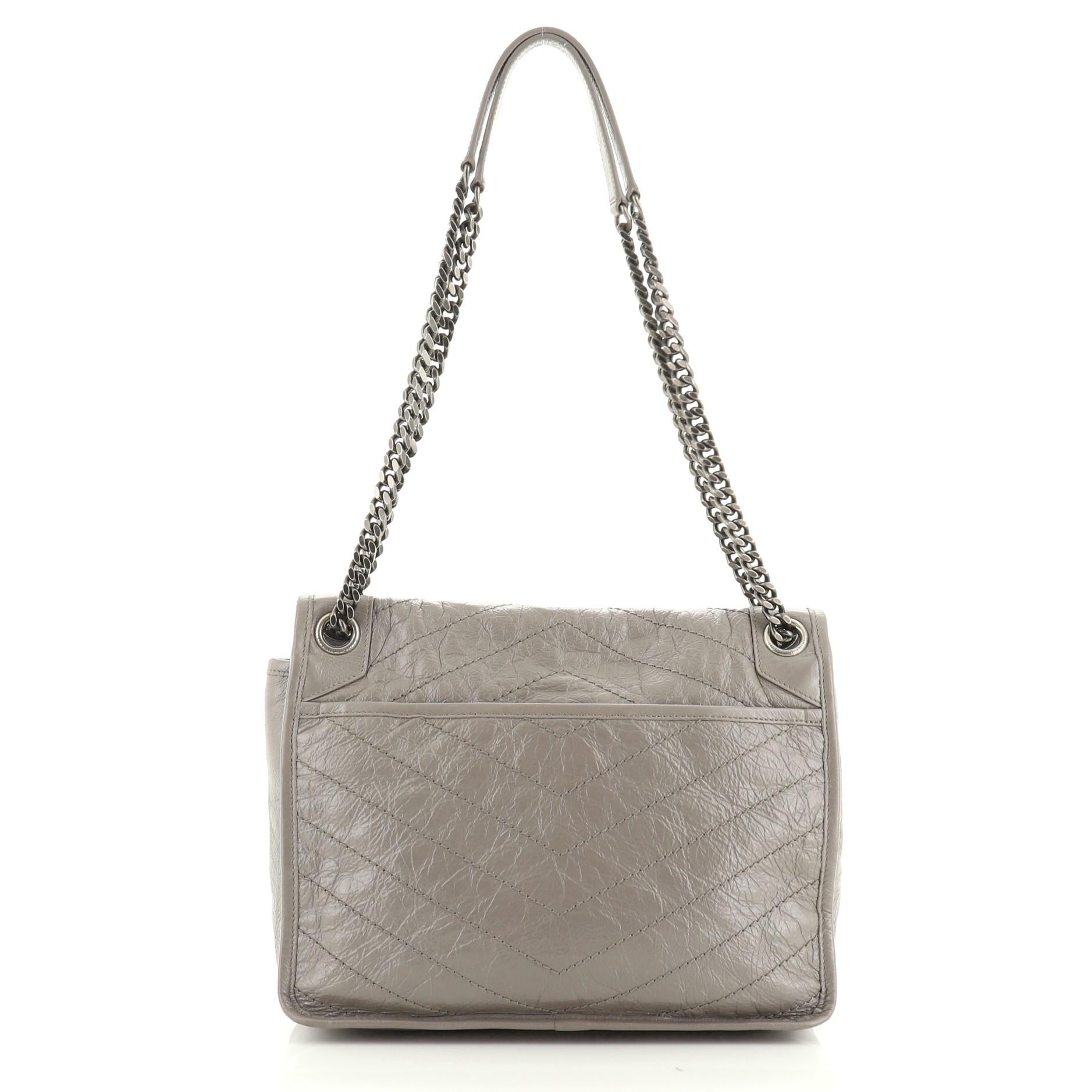 Gray Saint Laurent Niki Chain Flap Bag Matelasse Chevron Leather Medium