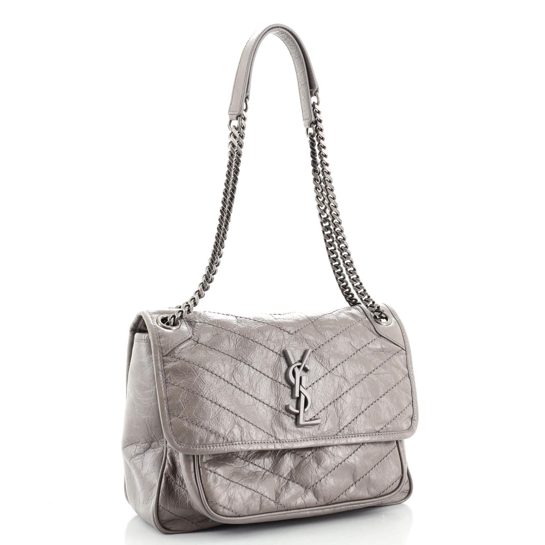 Gray Saint Laurent Niki Chain Flap Bag Matelasse Chevron Leather Medium