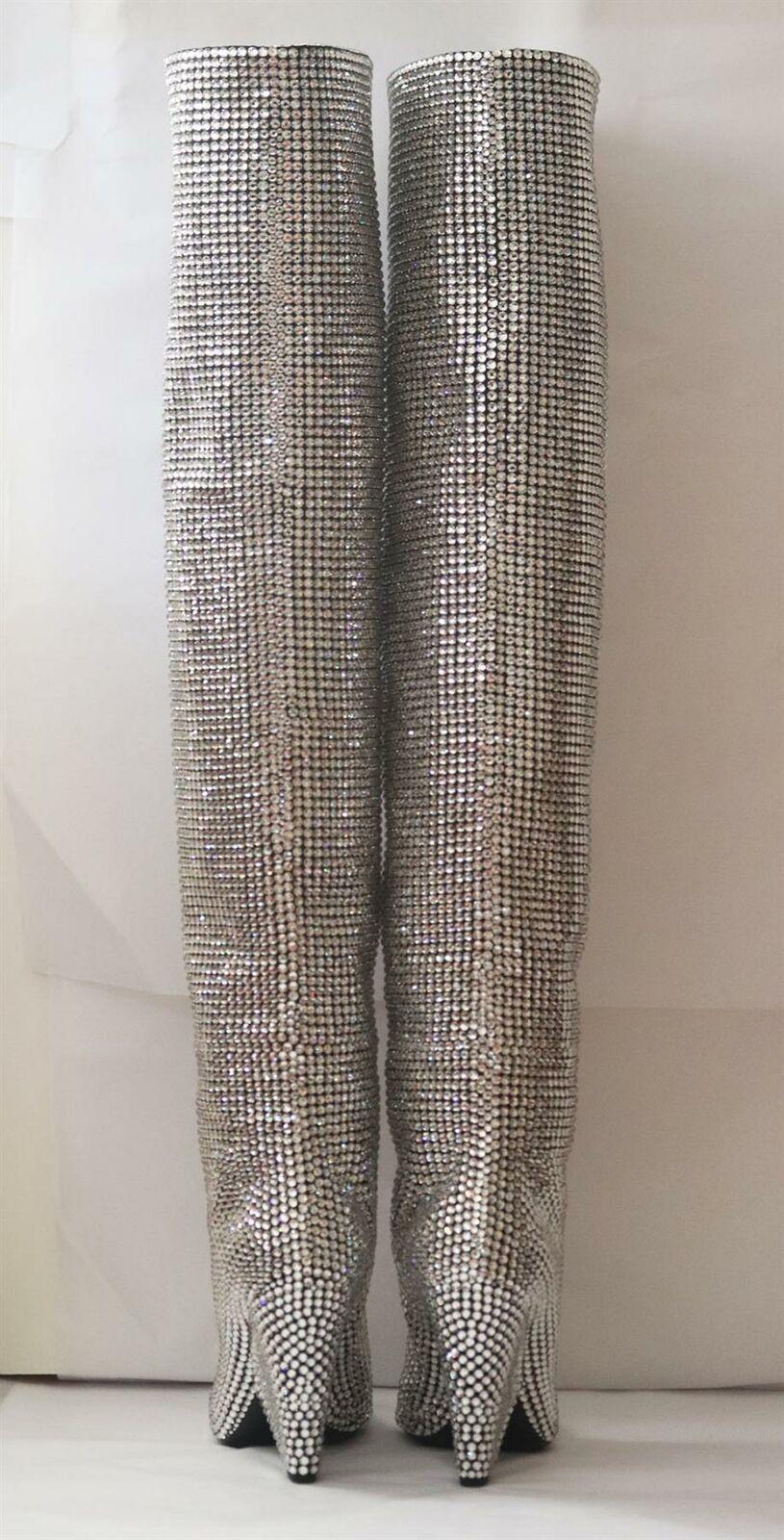 Gray Saint Laurent Niki Crystal Embellished Leather Knee Boots