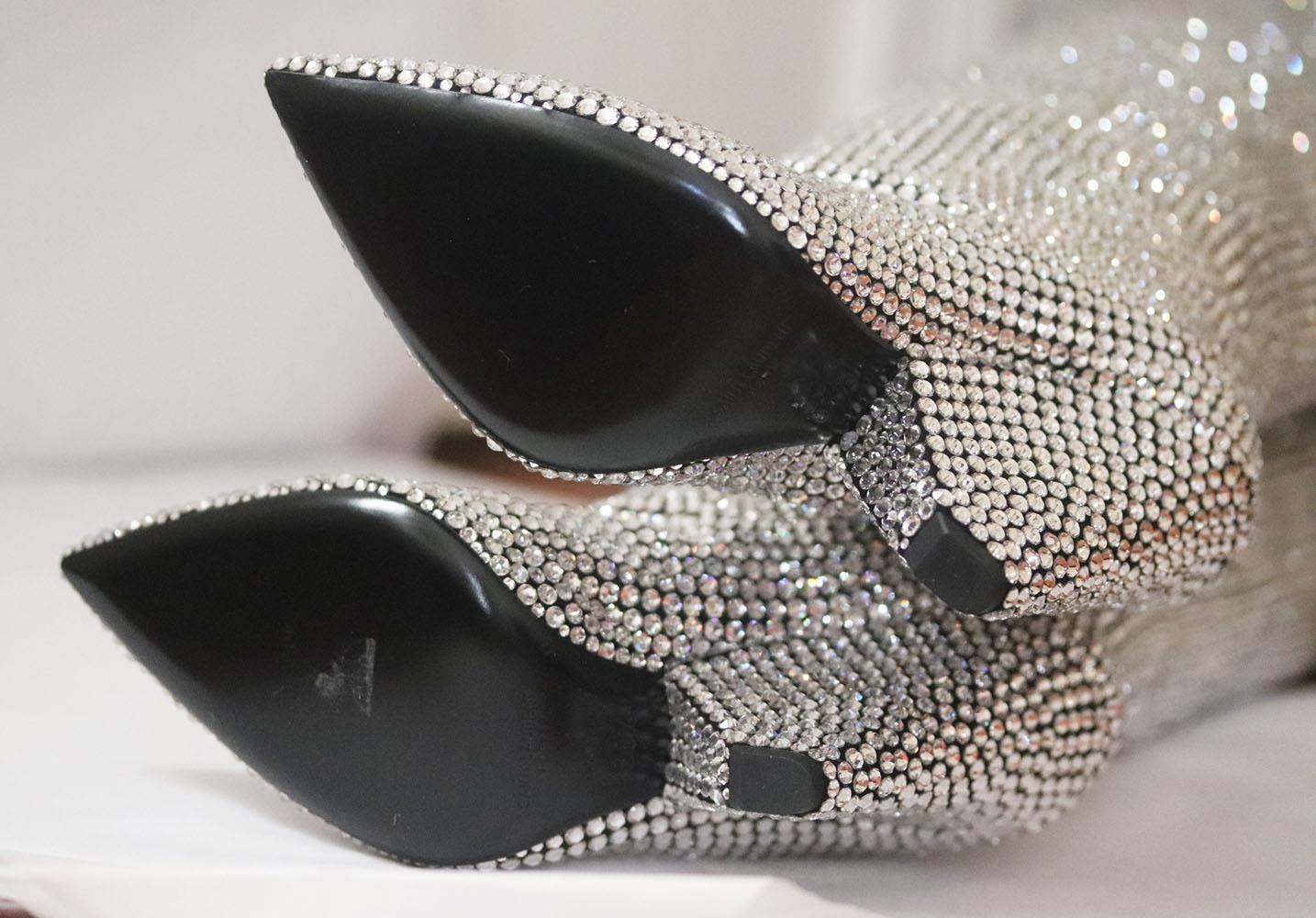 Saint Laurent Niki Crystal Embellished Leather Knee Boots In Excellent Condition In London, GB