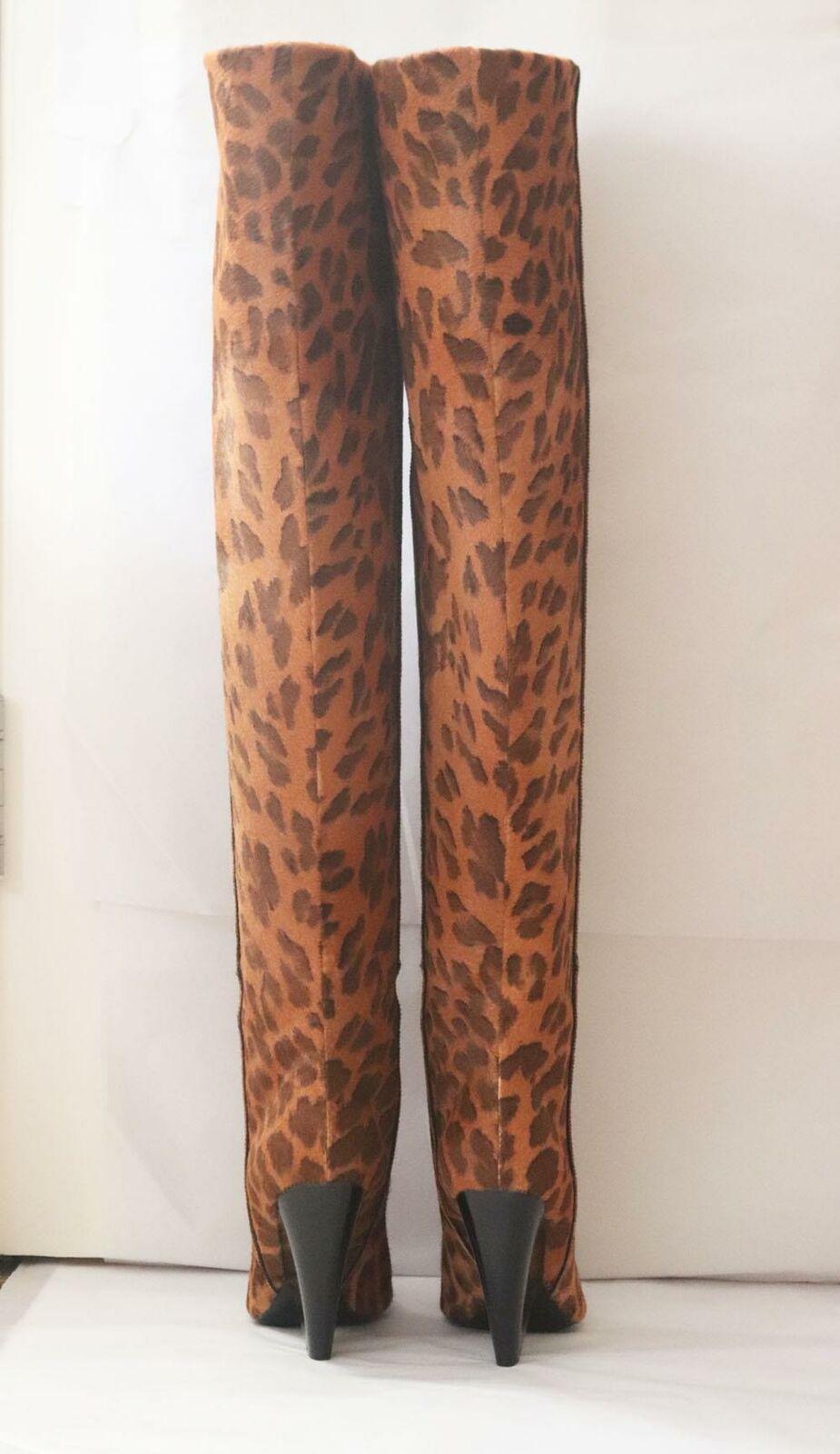 Saint Laurent Niki Leopard Print Kalbshaar-Kniestiefel im Zustand „Hervorragend“ in London, GB
