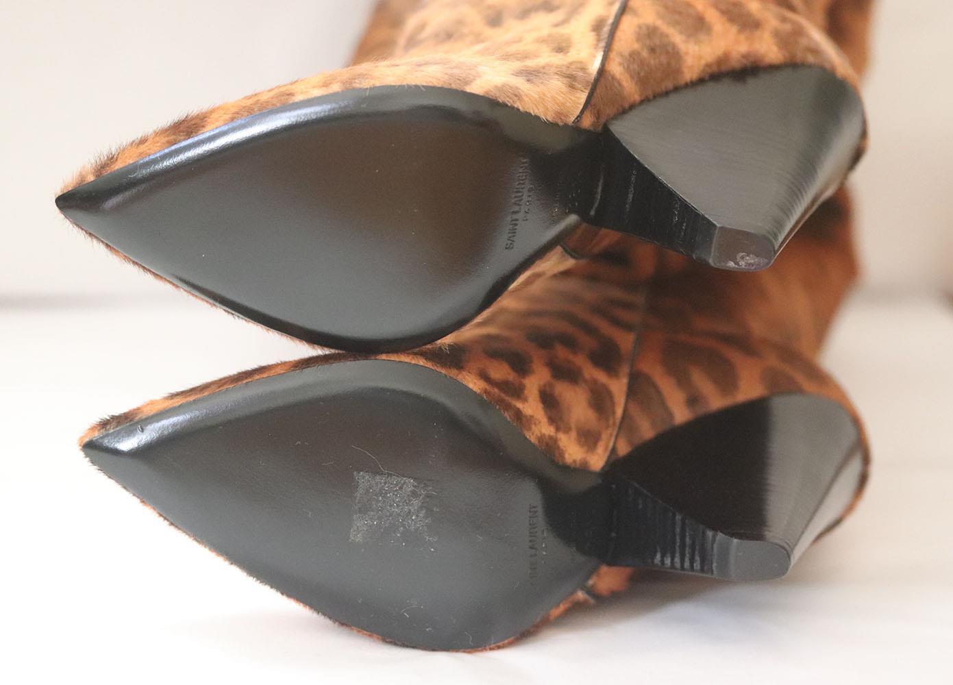 Black Saint Laurent Niki Leopard Print Calf Hair Knee Boots