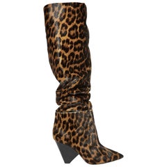 Saint Laurent Niki Leopard Print Kalbshaar-Kniestiefel