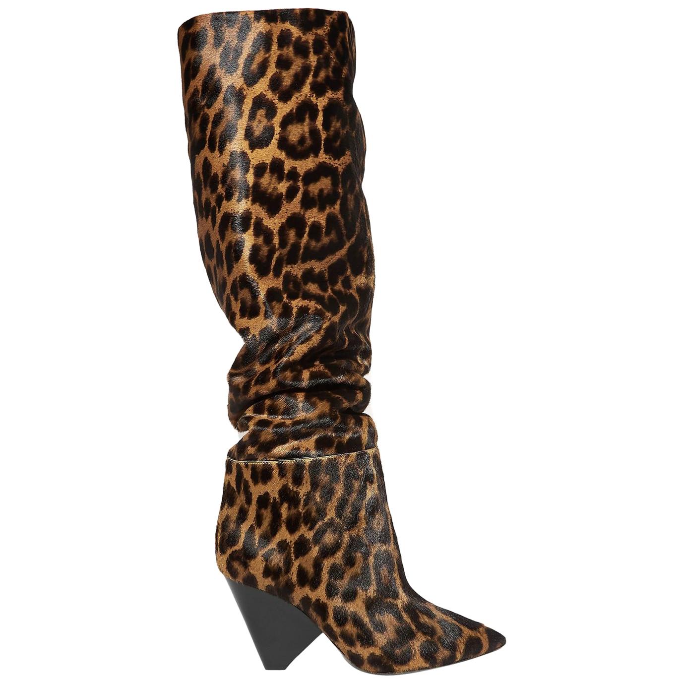 Saint Laurent Niki Leopard Print Calf Hair Knee Boots