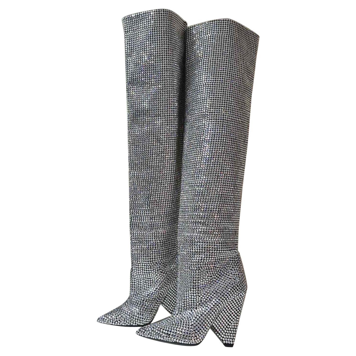 SAINT LAURENT Niki Swarovski Crystal-embellished Leather Knee Boots 