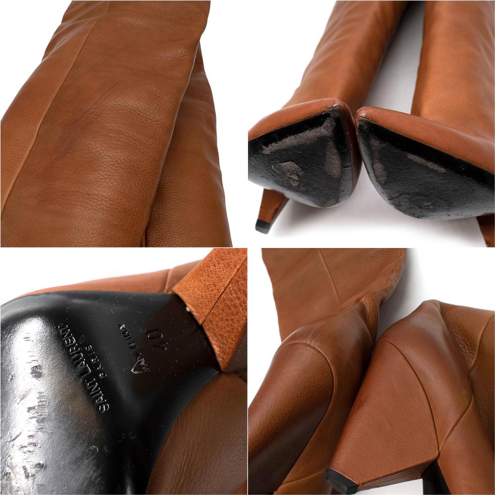 Saint Laurent Niki Tan Leder Stiefel über das Knie im Angebot 2