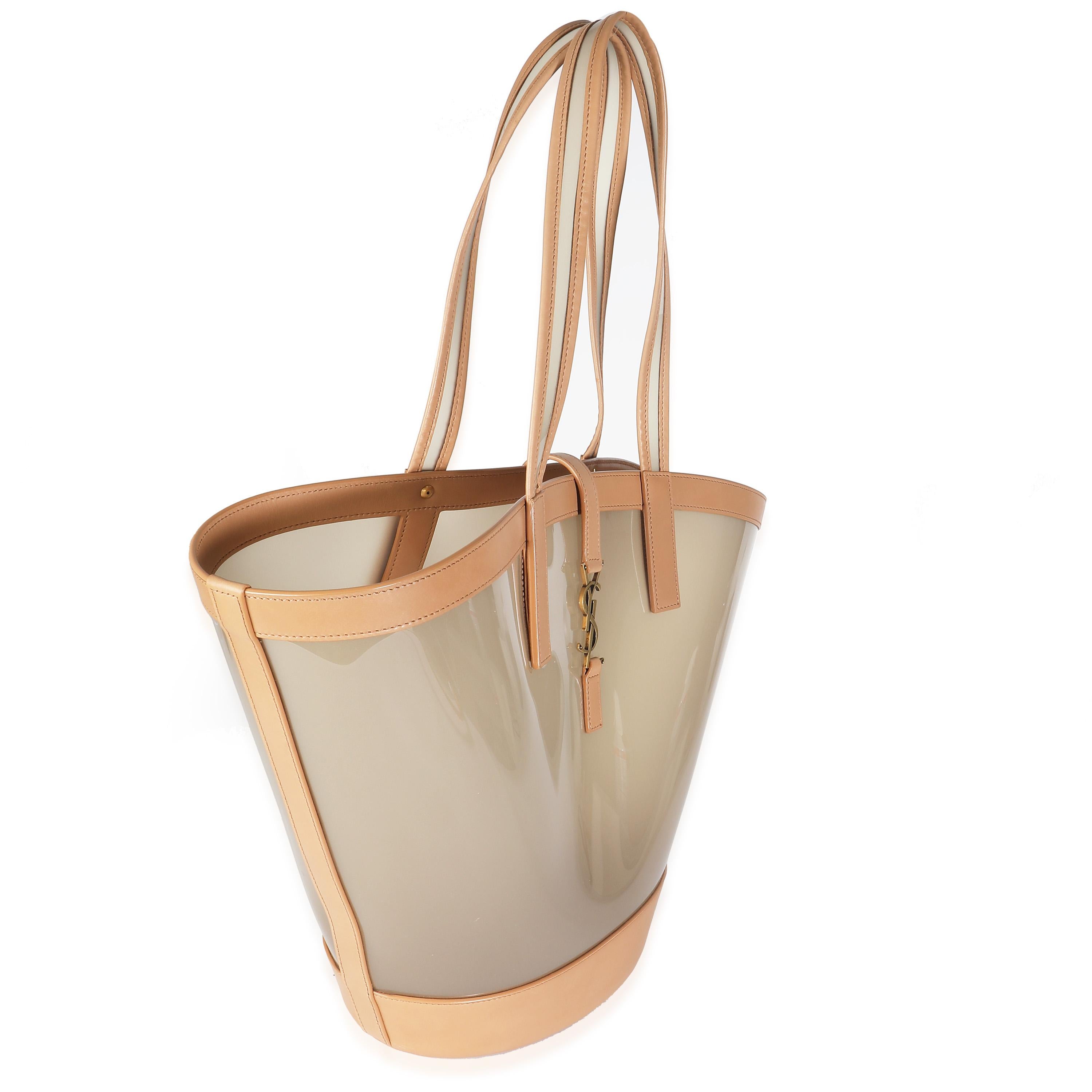 Listing Title: Saint Laurent Oatmilk Brown Gold Medium Panier Vinyl Tote
SKU: 142232
MSRP: 2450.00 USD
Condition: Pre-owned 
Handbag Condition: Excellent
Condition Comments: Item is in excellent condition and displays light signs of wear.   Faint