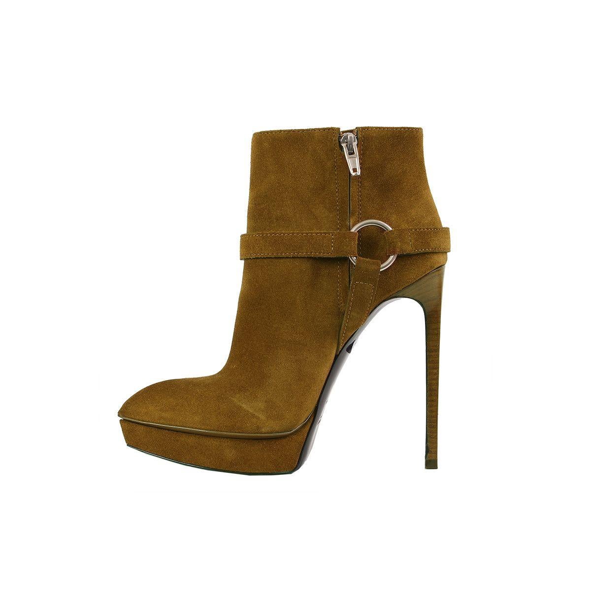 Brown SAINT LAURENT ochre brown suede JANIS HARNESS PLATFORM ANKLE Boots Shoes 38