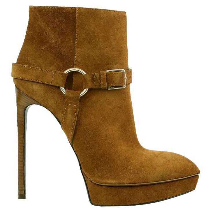 SAINT LAURENT ochre brown suede JANIS HARNESS PLATFORM ANKLE Boots Shoes 38