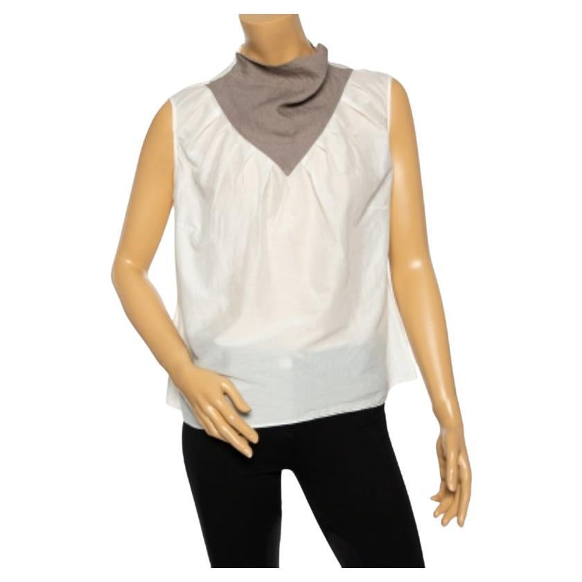 Saint Laurent Off White Cotton Contrast Neck Detailed Top XL