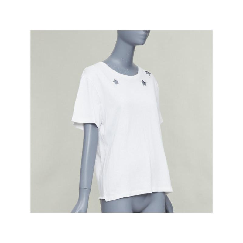 Gris SAINT LAURENT off white cotton star embroidered cut out relaxed tshirt en vente
