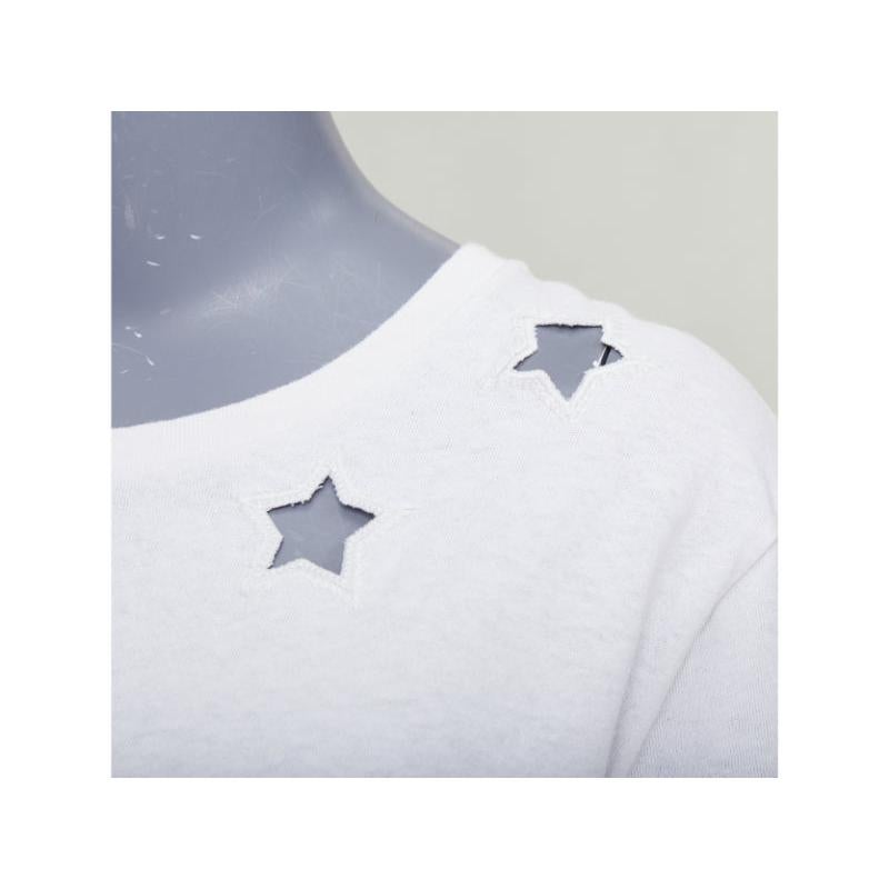 SAINT LAURENT off white cotton star embroidered cut out relaxed tshirt en vente 3