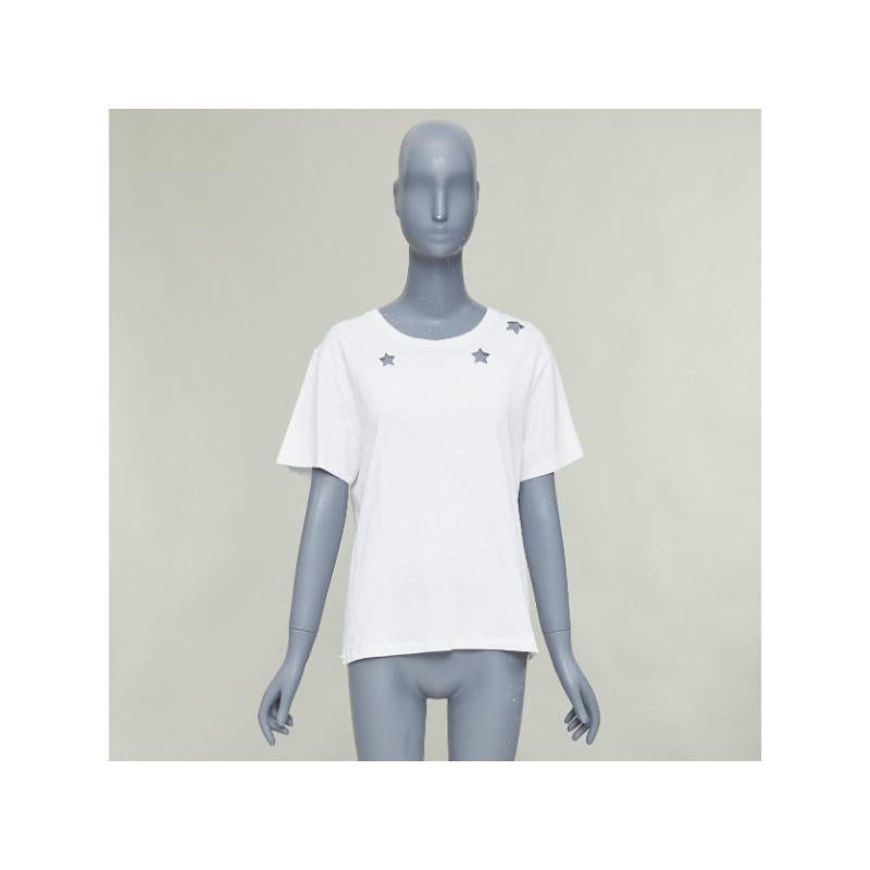 SAINT LAURENT off white cotton star embroidered cut out relaxed tshirt en vente 5