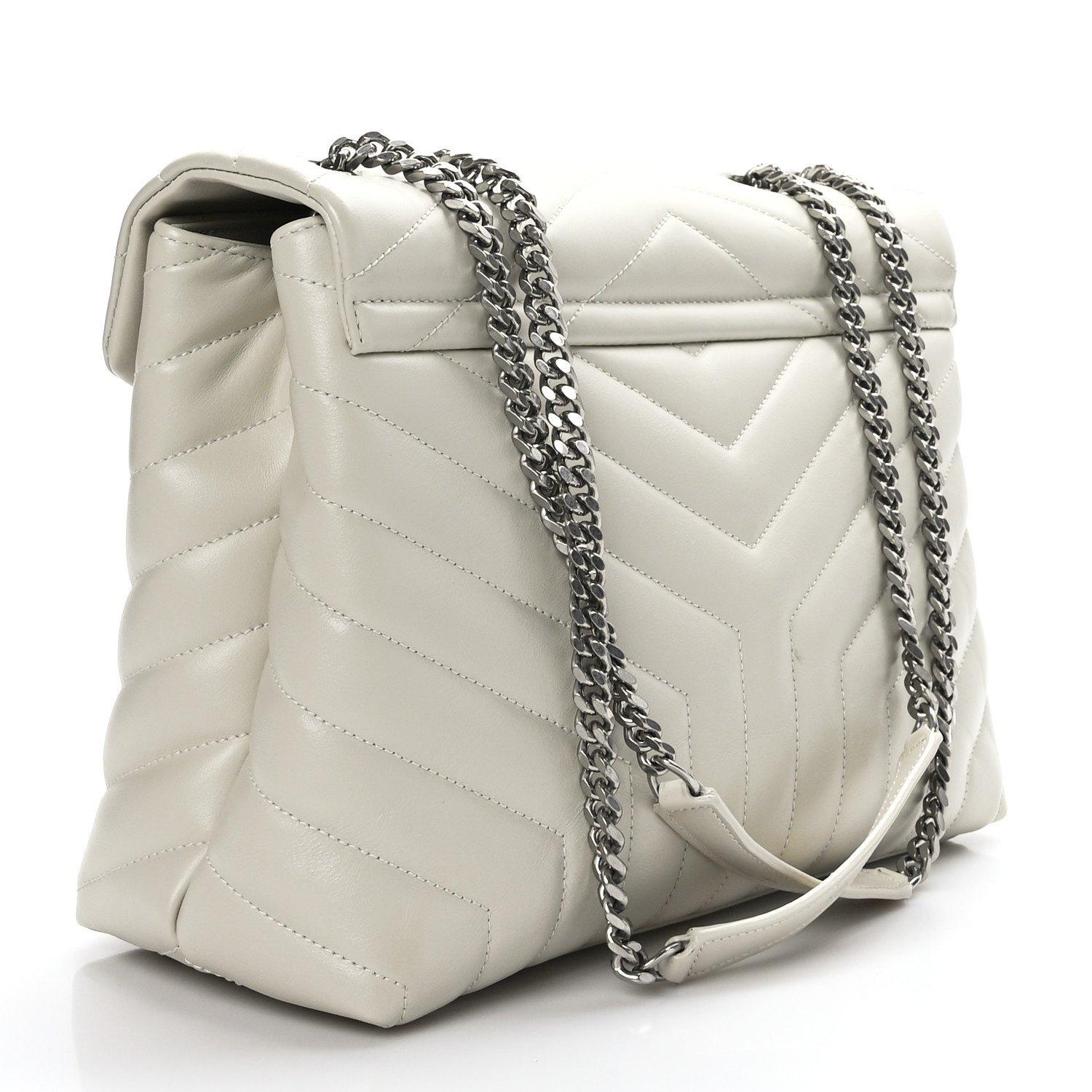 Gray Saint Laurent Off-white Matelassé Leather Loulou Shoulder Bag Medium For Sale