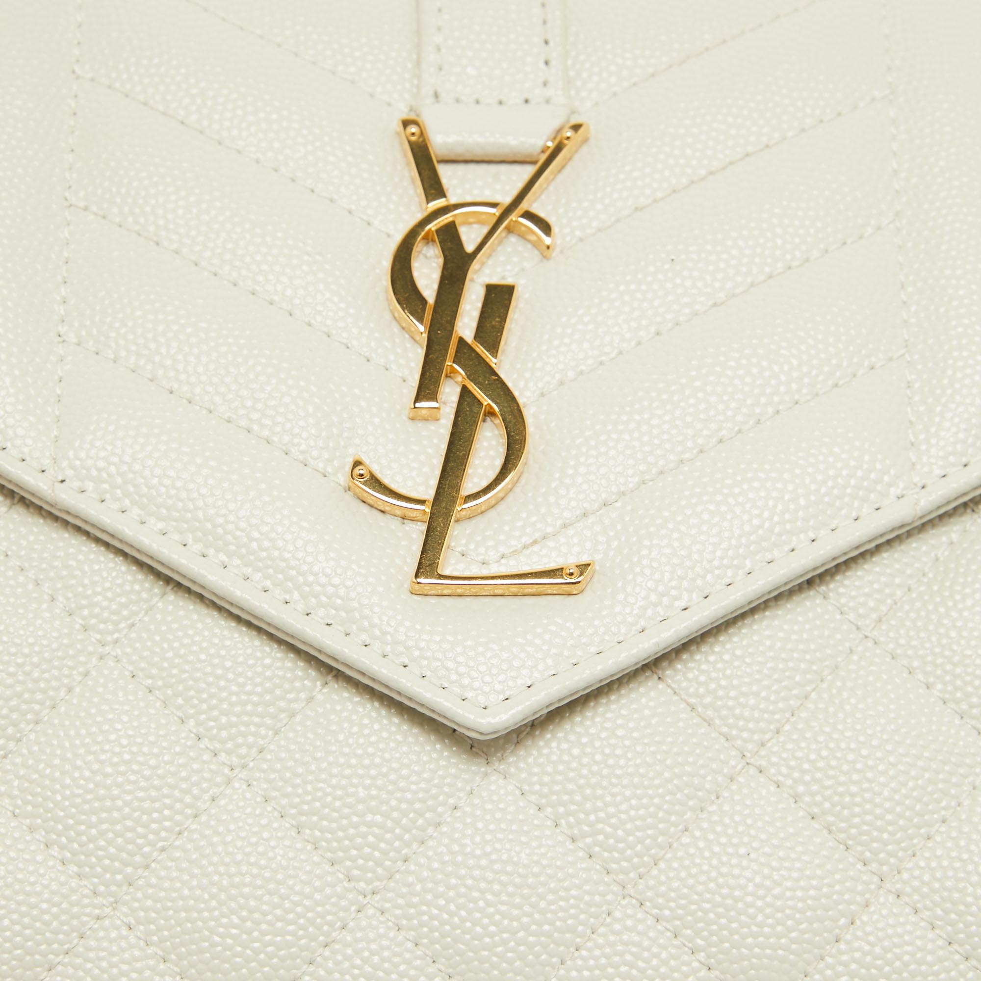 Women's Saint Laurent Off White Mixed Quilted Leather Monogram Envelope Wallet On Chain For Sale