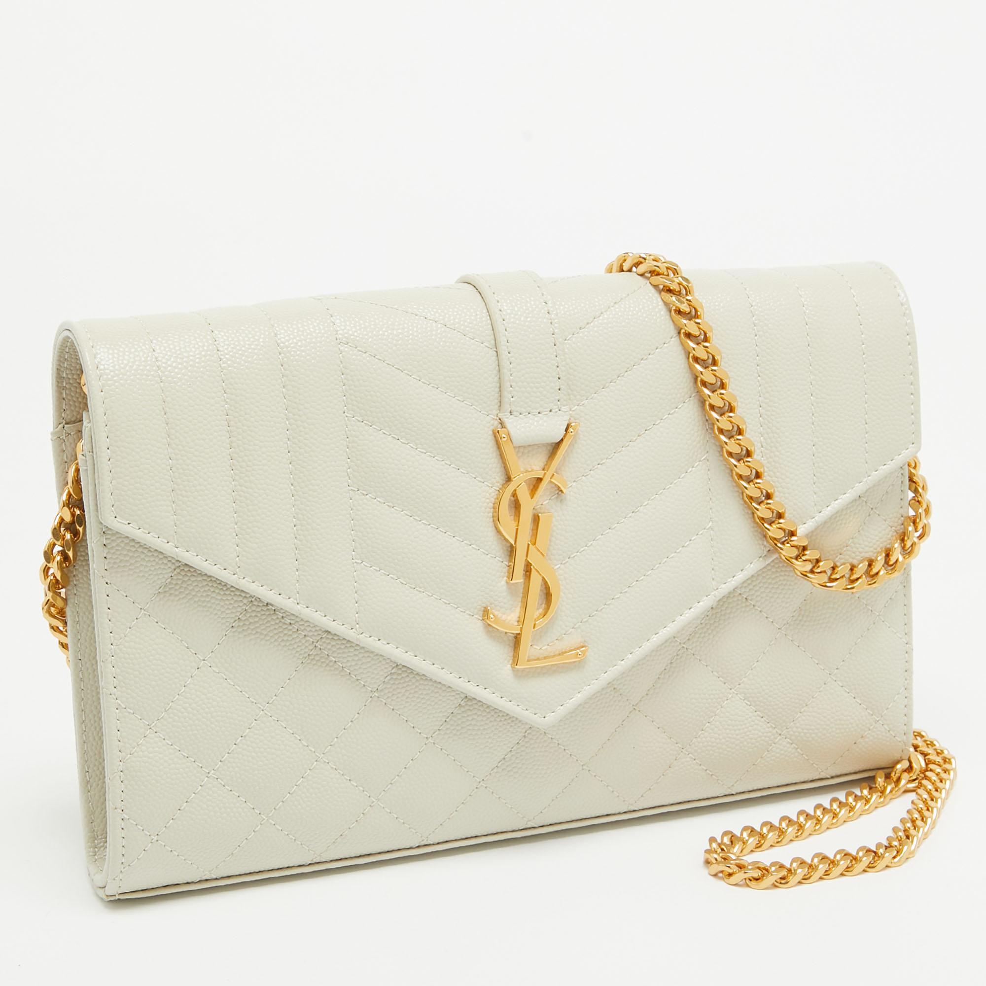 Saint Laurent Off White Mixed Quilted Leather Monogram Envelope Wallet On Chain For Sale 3