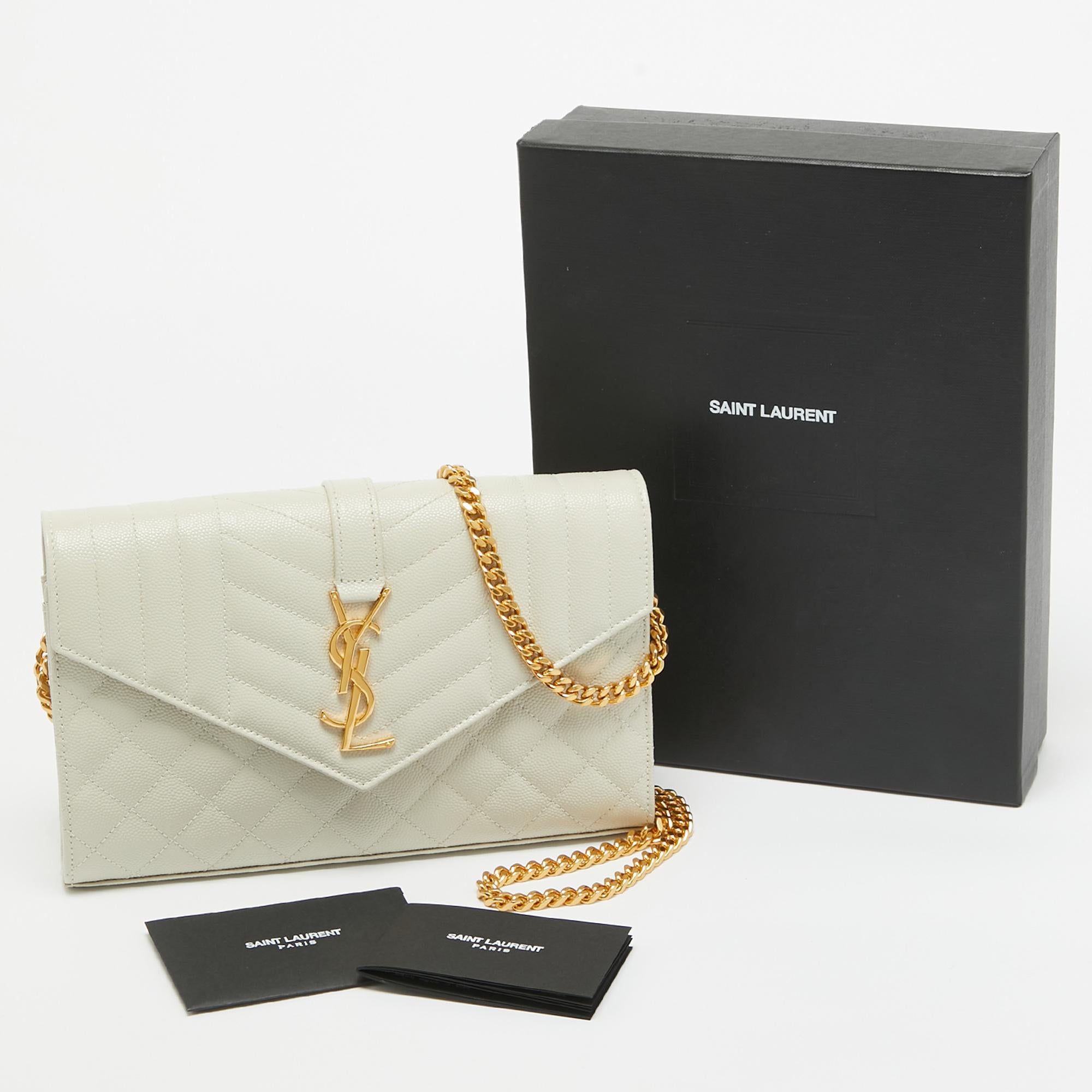 Saint Laurent Off White Mixed Quilted Leather Monogram Envelope Wallet On Chain For Sale 4