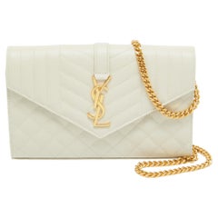 Used Saint Laurent Off White Mixed Quilted Leather Monogram Envelope Wallet On Chain