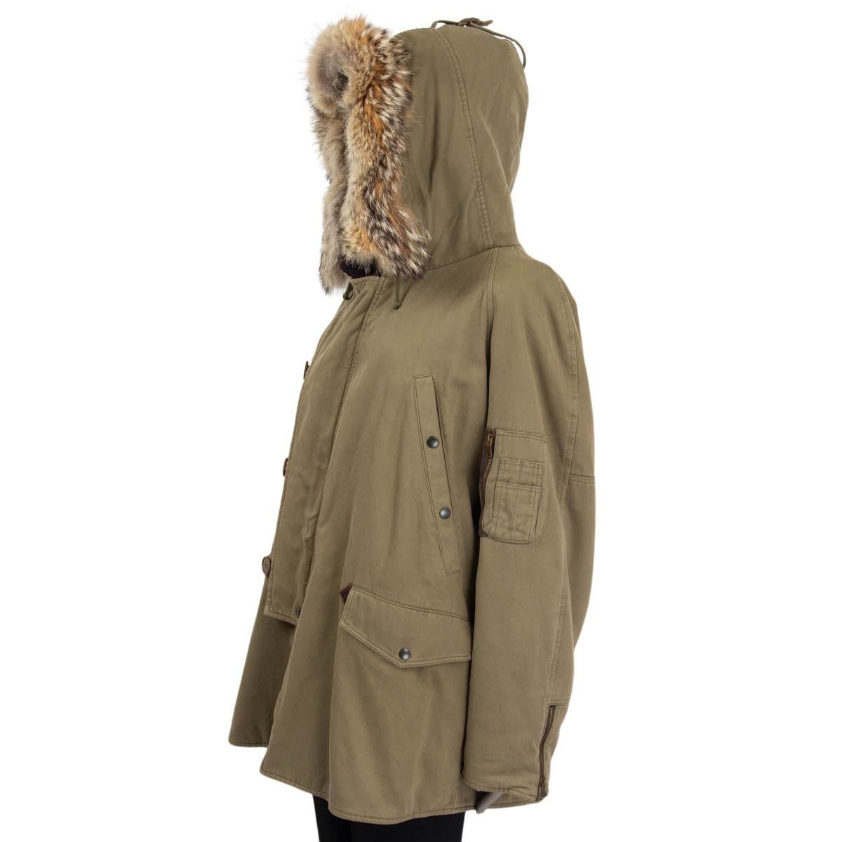 SAINT LAURENT olive green cotton FUR TRIM HOODED PARKA Coat Jacket