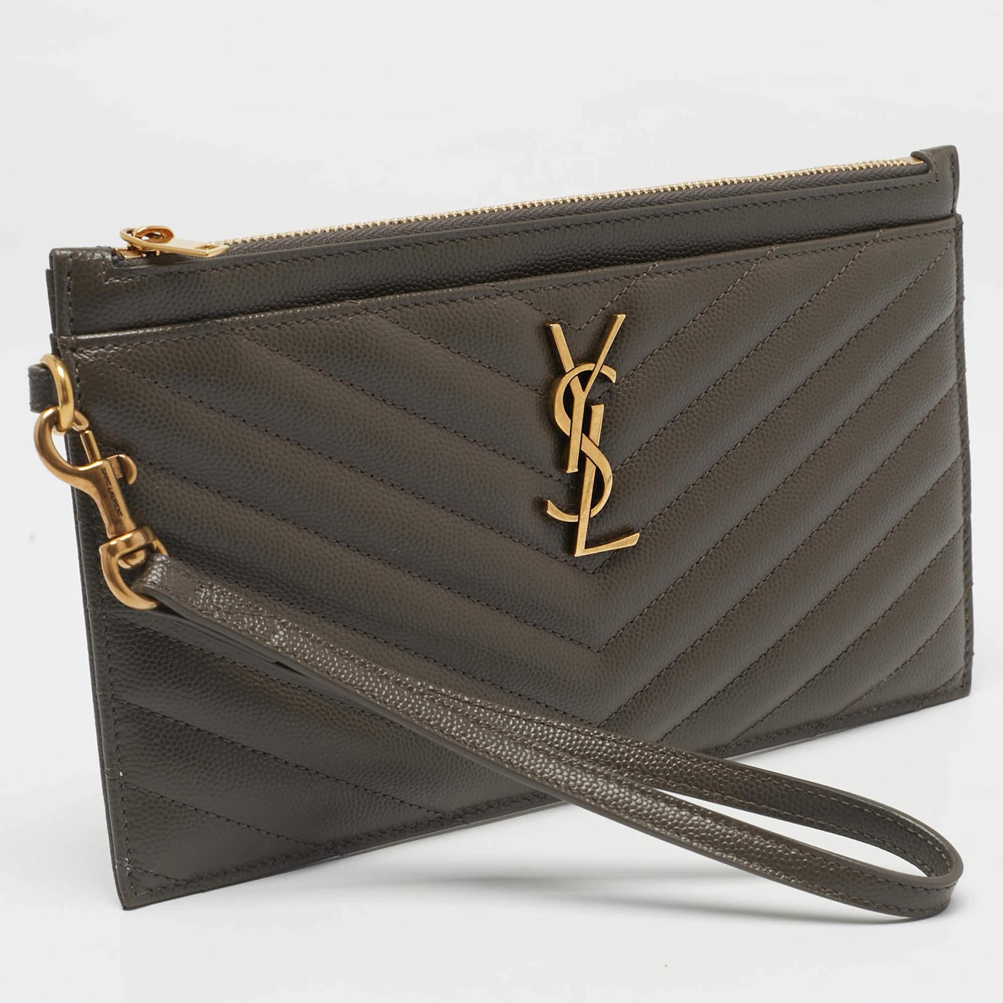 Noir Saint Laurent Olive Green Matelassé Large Cassandre Zip Pouch Leather