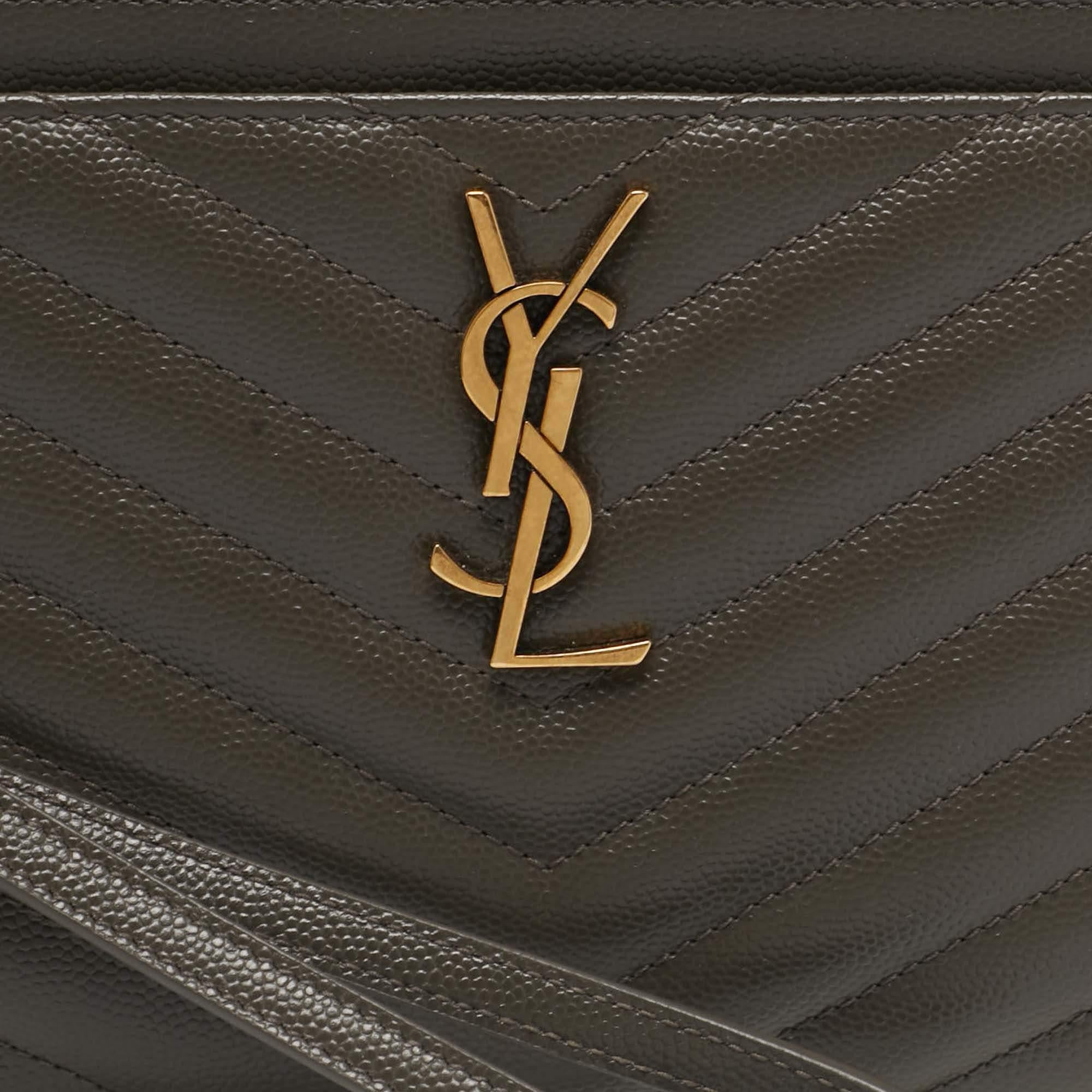  Saint Laurent Olive Green Matelassé Large Cassandre Zip Pouch Leather Pour femmes 