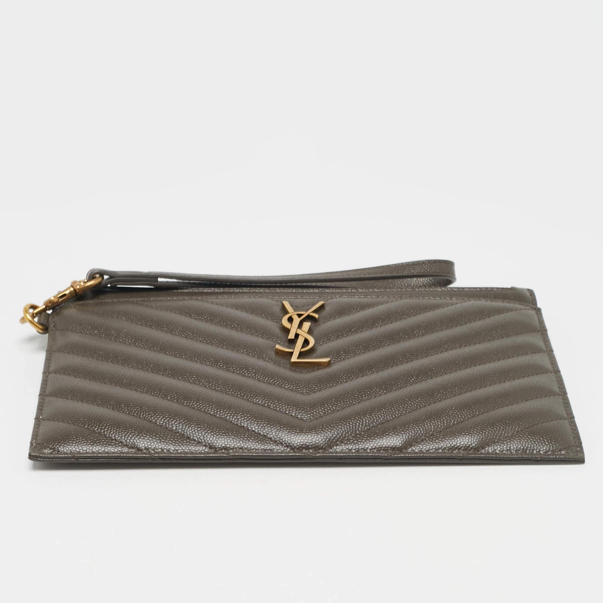 Saint Laurent Olive Green Matelassé Large Cassandre Zip Pouch Leather 1